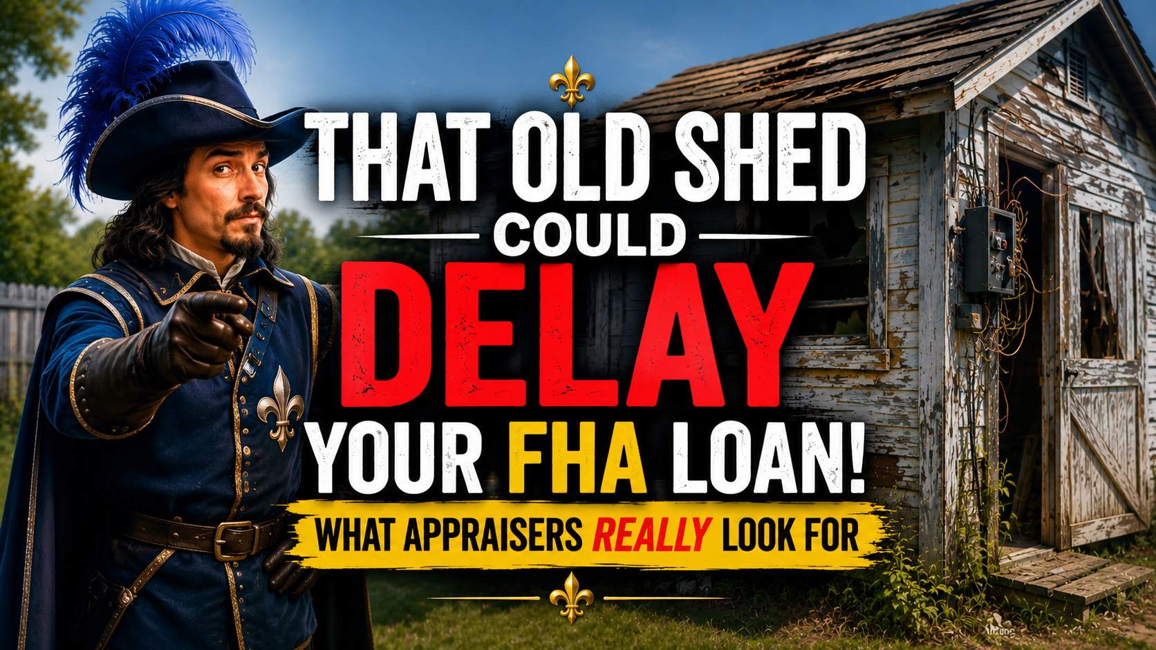 Musketeer pointing toward an old backyard shed illustrating FHA appraisal issues that can delay an FHA loan, including peeling paint, exposed wiring, and safety hazards.