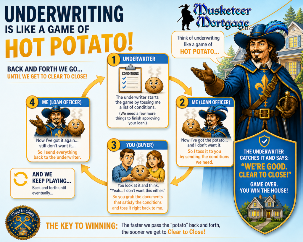 Illustrated infographic comparing the mortgage underwriting process to a game of hot potato, showing how loan conditions move between the underwriter, loan officer, and homebuyer until the loan receives a Clear to Close.