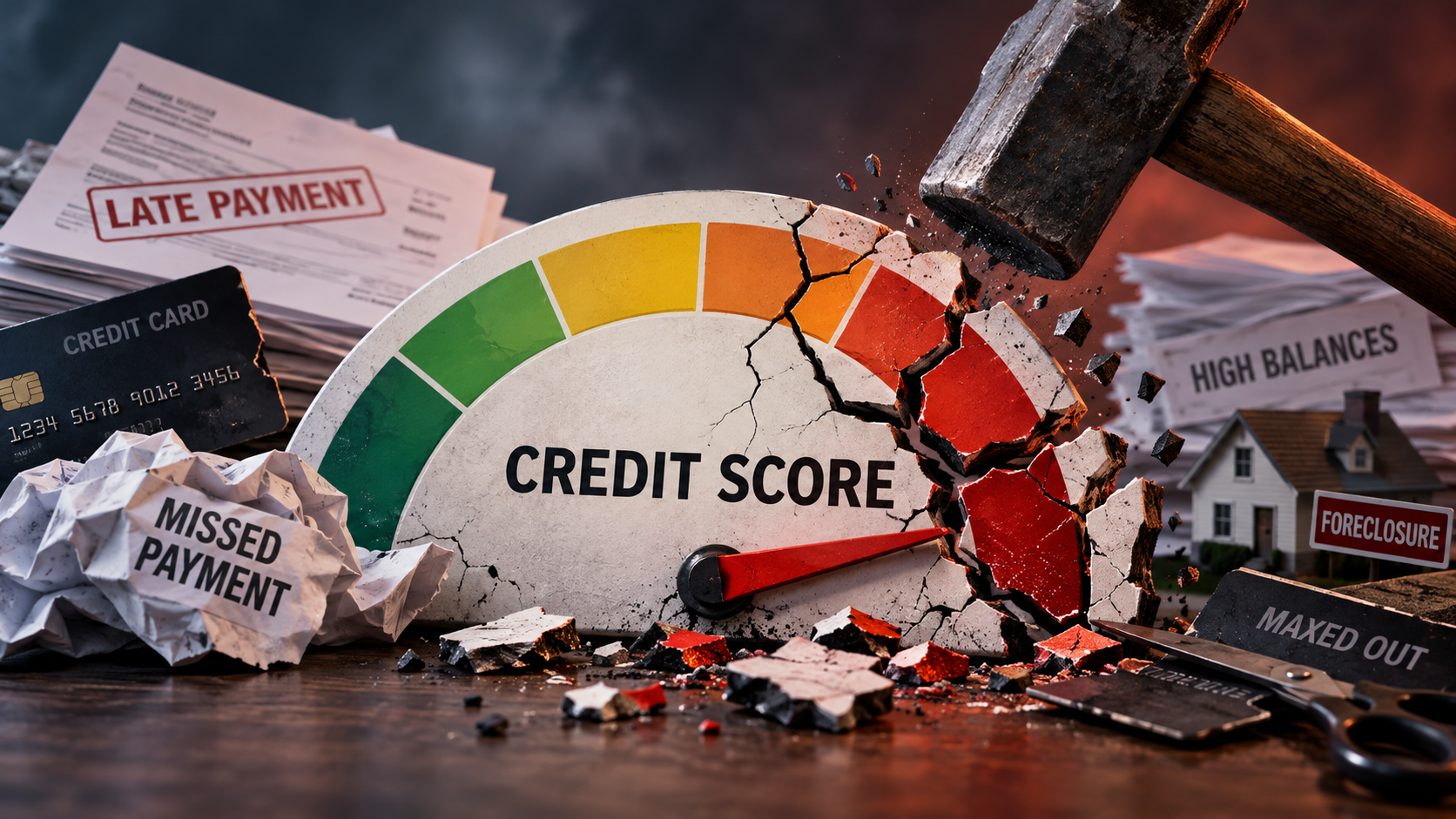 A hammer shatters a credit score gauge surrounded by late payments, maxed-out credit cards, and high balances.