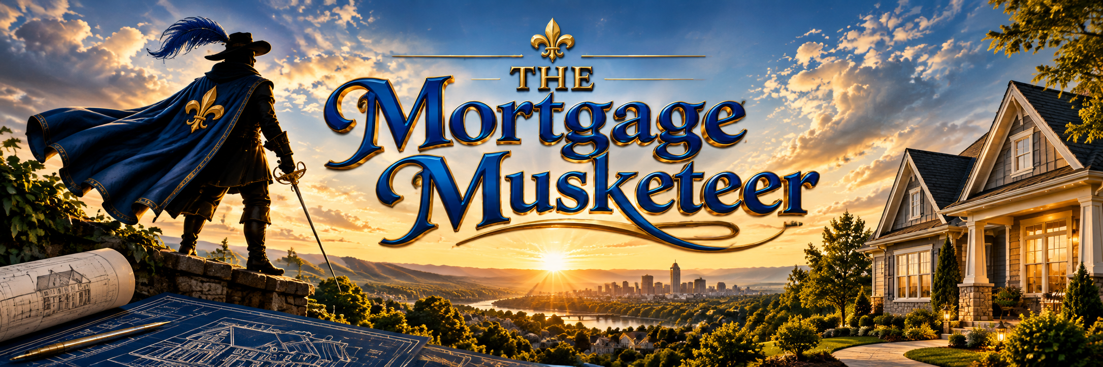 The Mortgage Musketeer in blue and gold lettering above a sunrise, with a Musketeer silhouette, a beautiful home, and architectural blueprints.